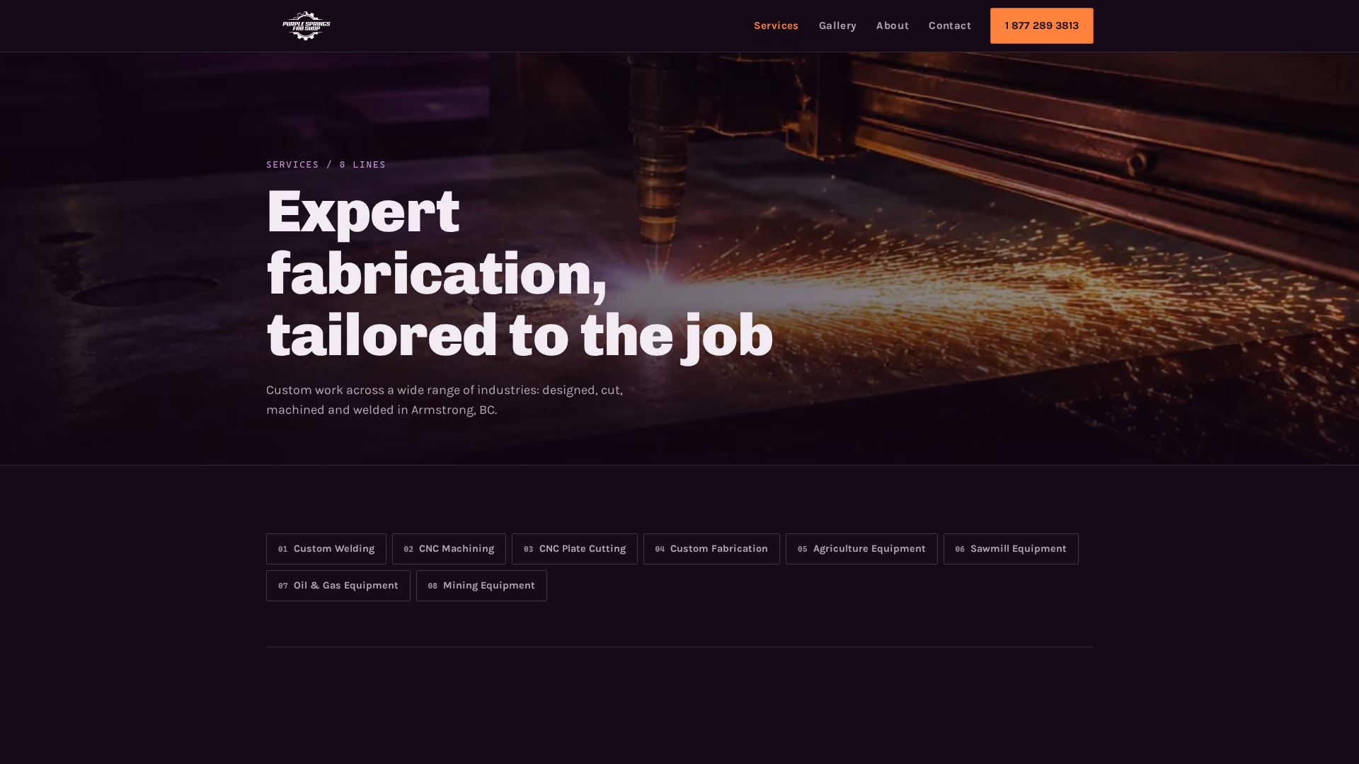 Purple Springs Fab Shop services page (desktop)